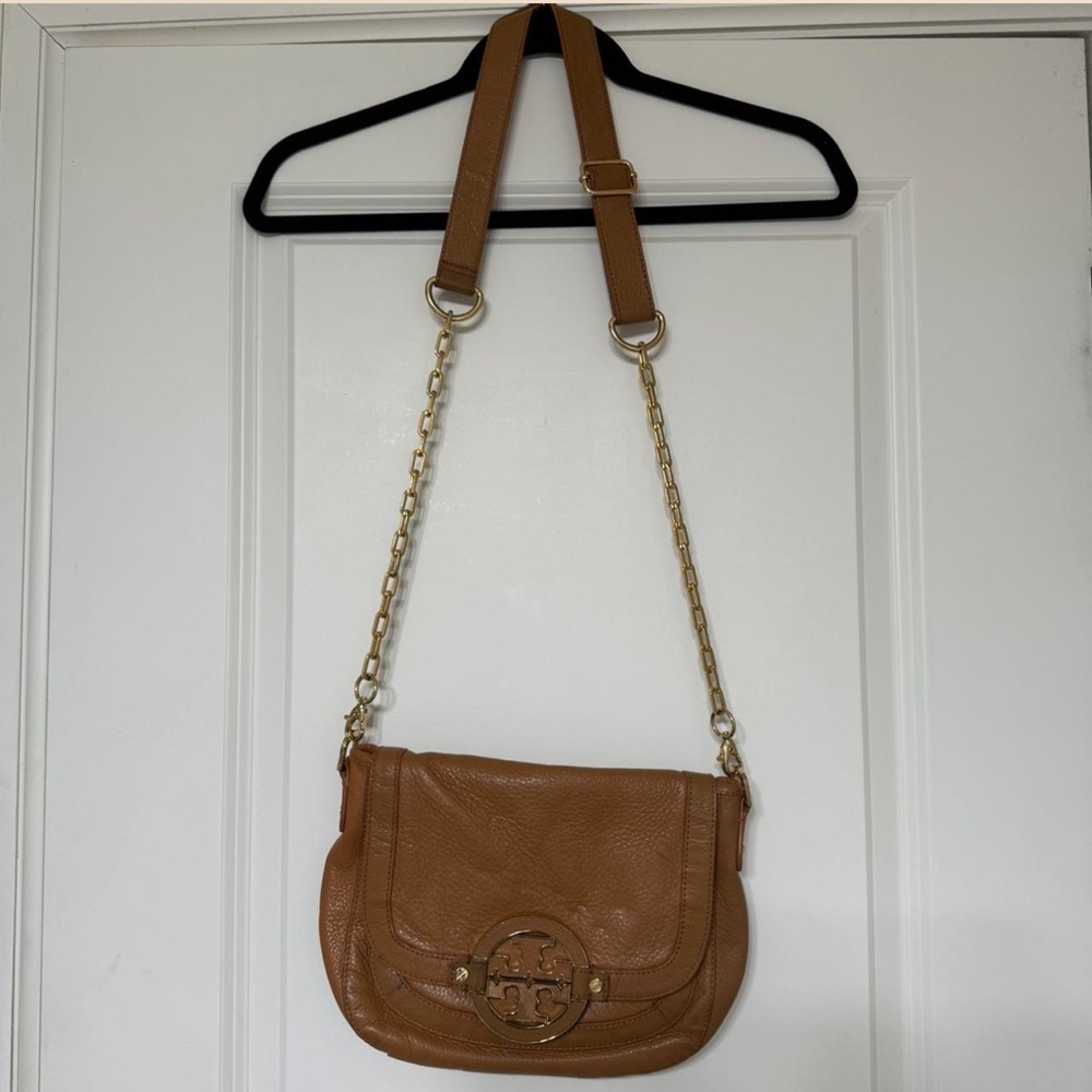 Tory Burch Tan Gold Crossbody Bag with Structured Design